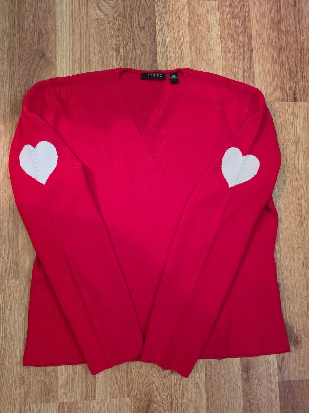 Red V-Neck Sweater White Heart Elbow Patches lightweight Stretch Women’s L